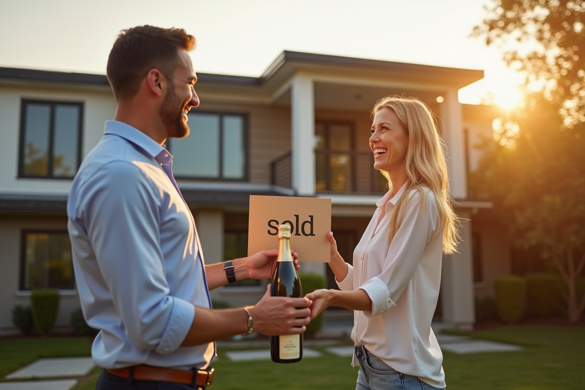 Agent immobilier offrant champagne à couple heureux devant maison