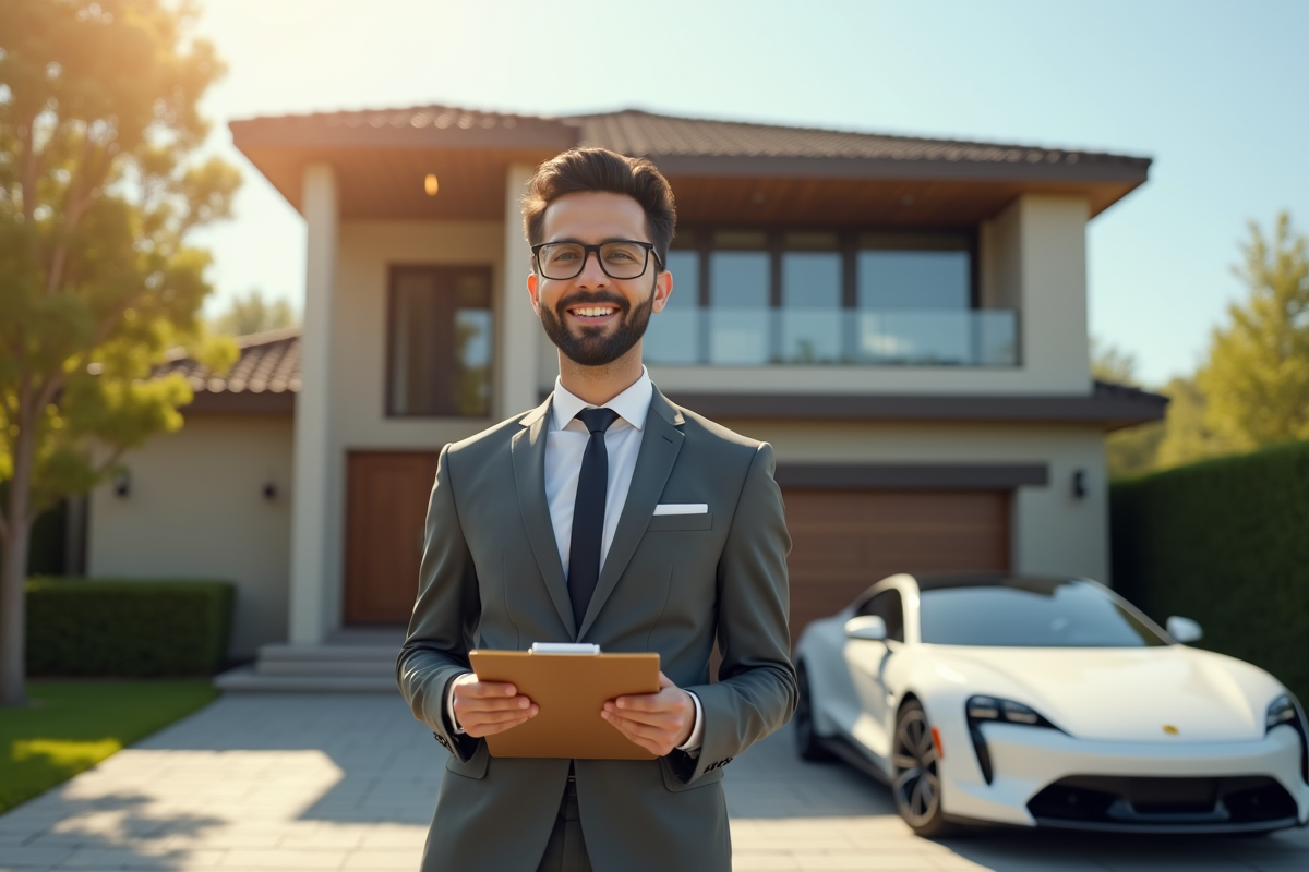 Agent immobilier devant une maison de luxe avec voiture