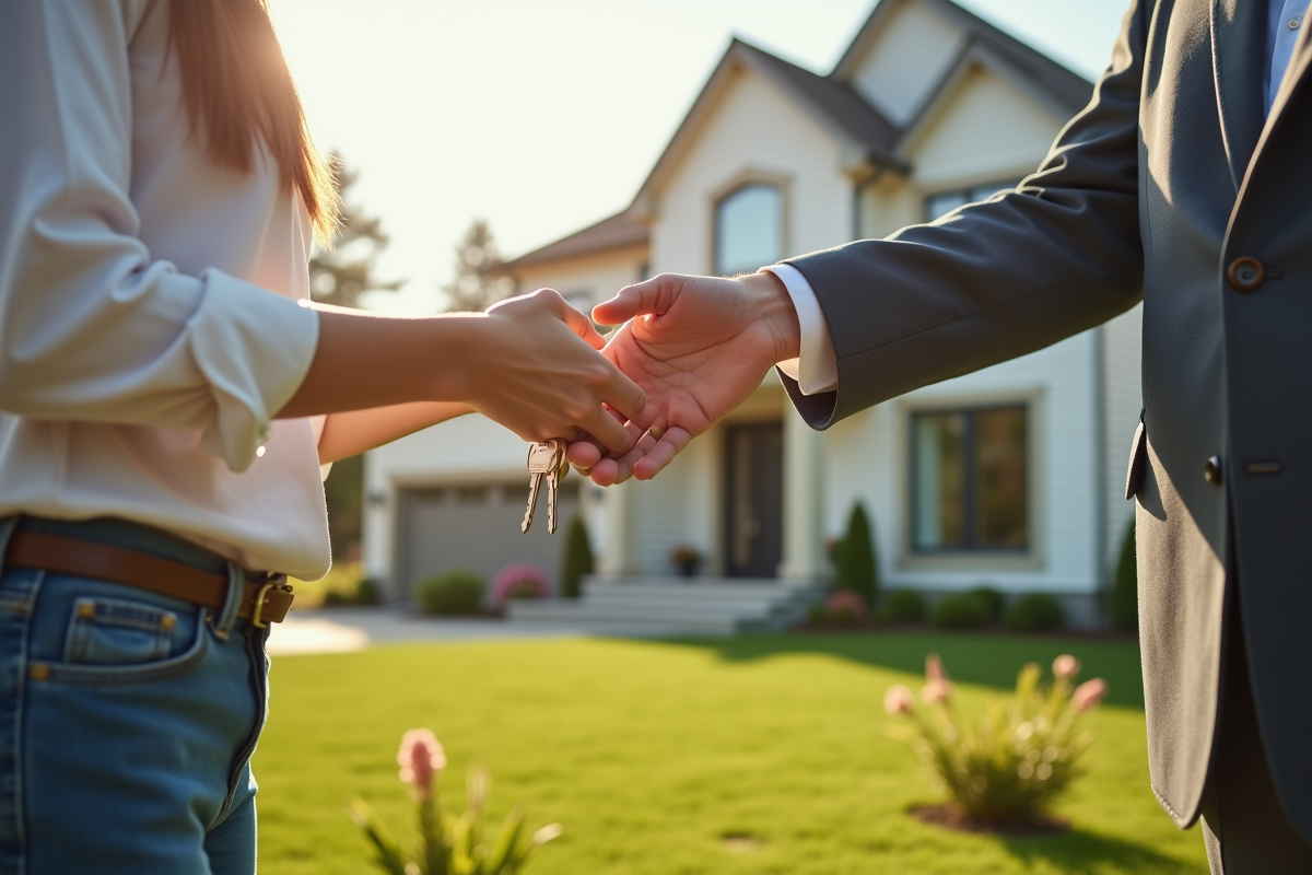 Agent immobilier donnant les clés à un nouveau propriétaire devant une maison moderne