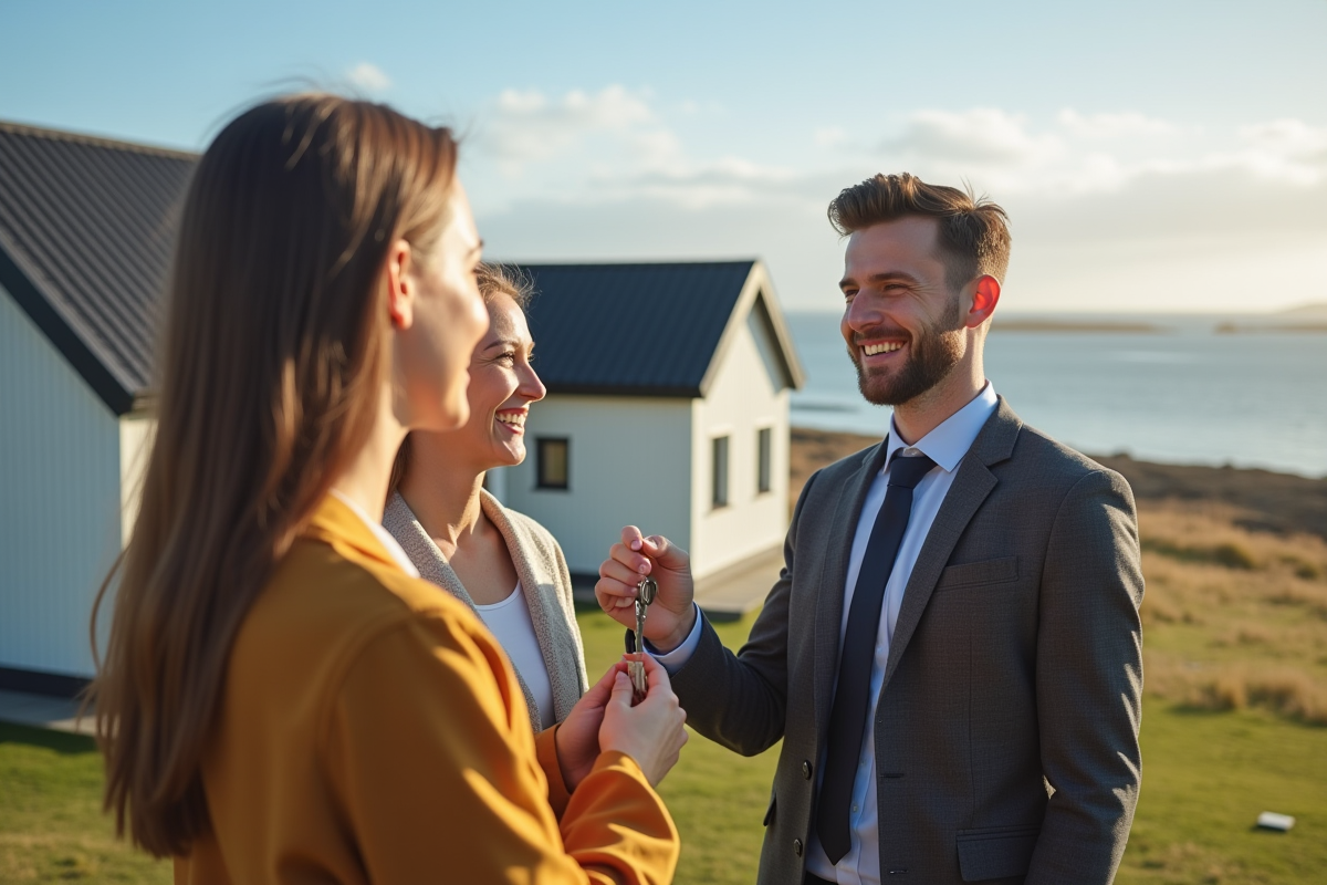 Agent immobilier remettant les clés à un couple devant une maison moderne