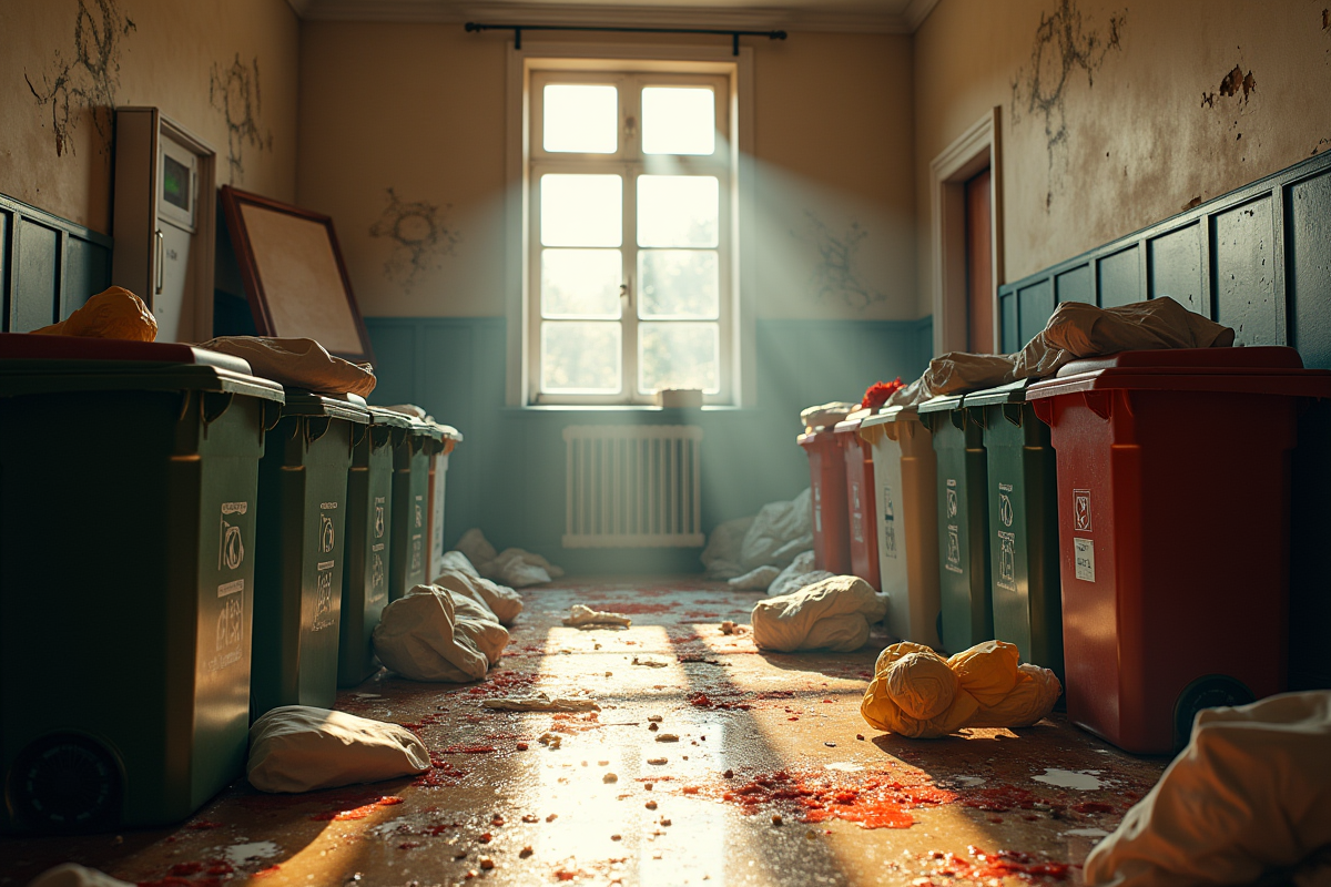 Intérieur d appartement en désordre avec poubelles débordantes et murs endommagés