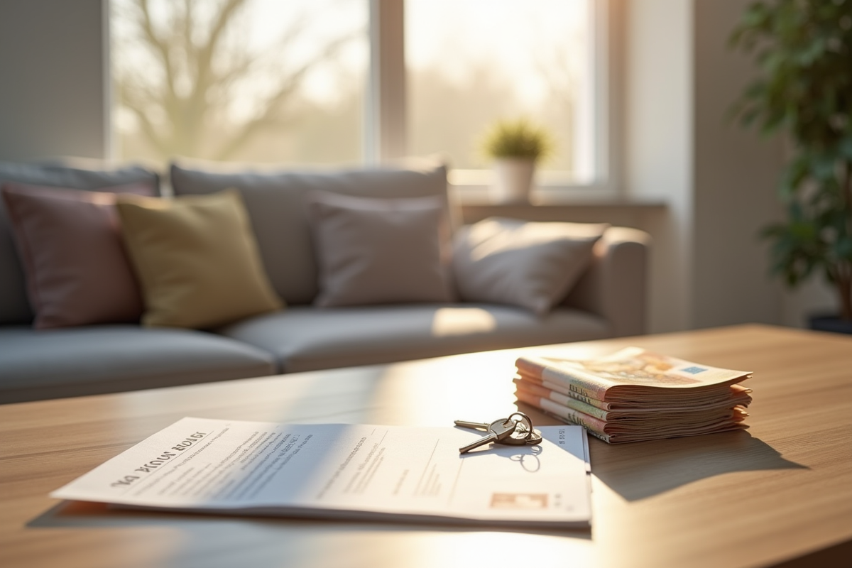 Pile de billets d euros papiers et clés de maison sur une table ensoleillée