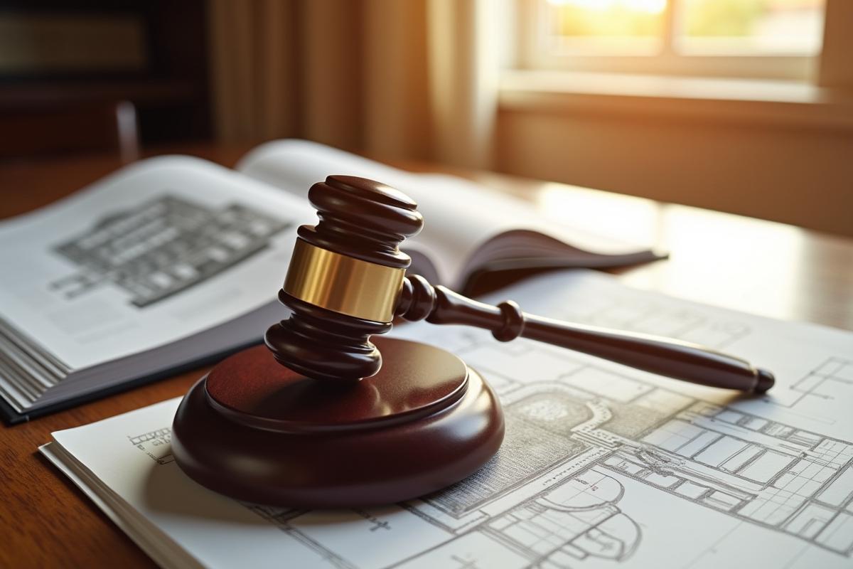 Marteau de juge et plan immobilier sur un bureau ensoleillé