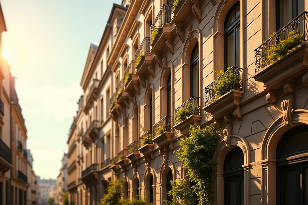 Bâtiment français ancien restauré avec balcons ornes et pierre traditionnelle