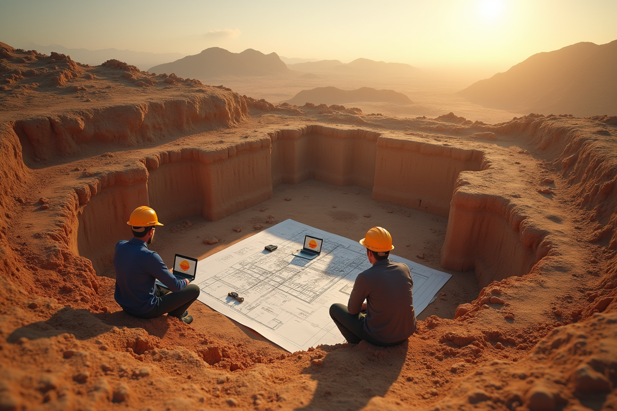 Travailleurs sur un chantier découvrant un artefact ancien