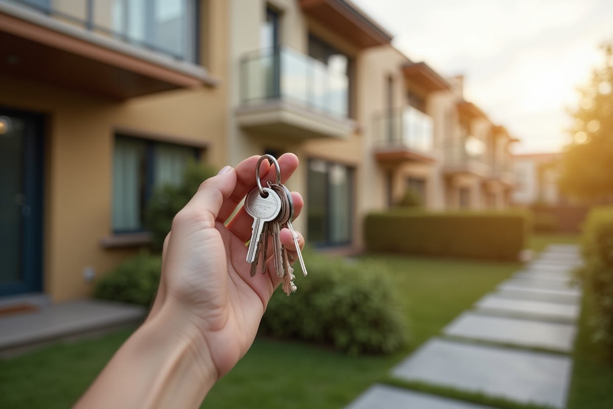 Main tenant des clés de maison devant des bâtiments résidentiels