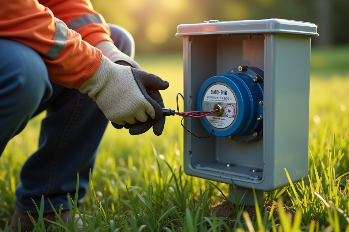 Main gantée connectant fils dans boîte électrique extérieure