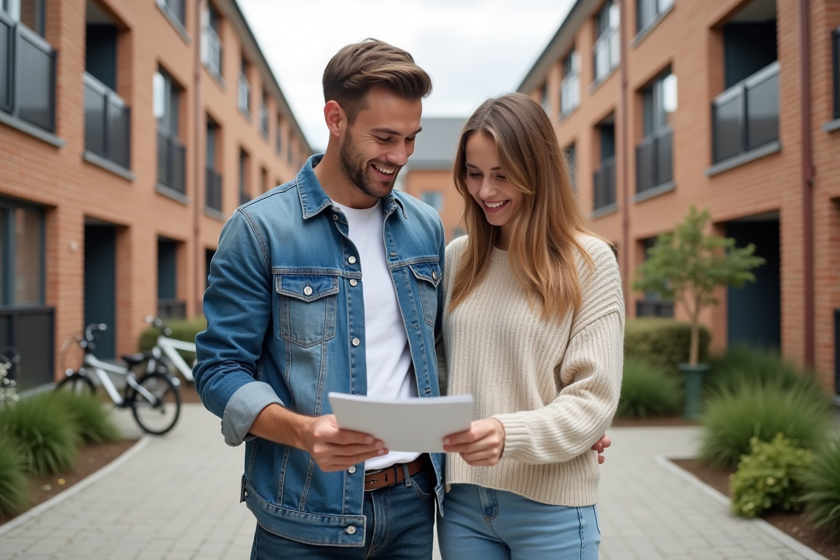 Jeune couple discutant devant un immeuble neuf