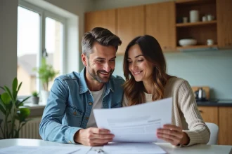 Couple dans la cuisine lisant des documents ensemble