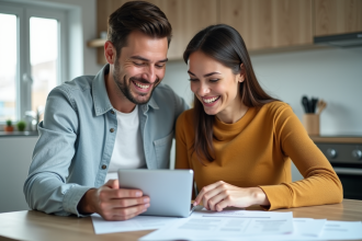 Couple souriant en cuisine avec documents de prêt immobilier