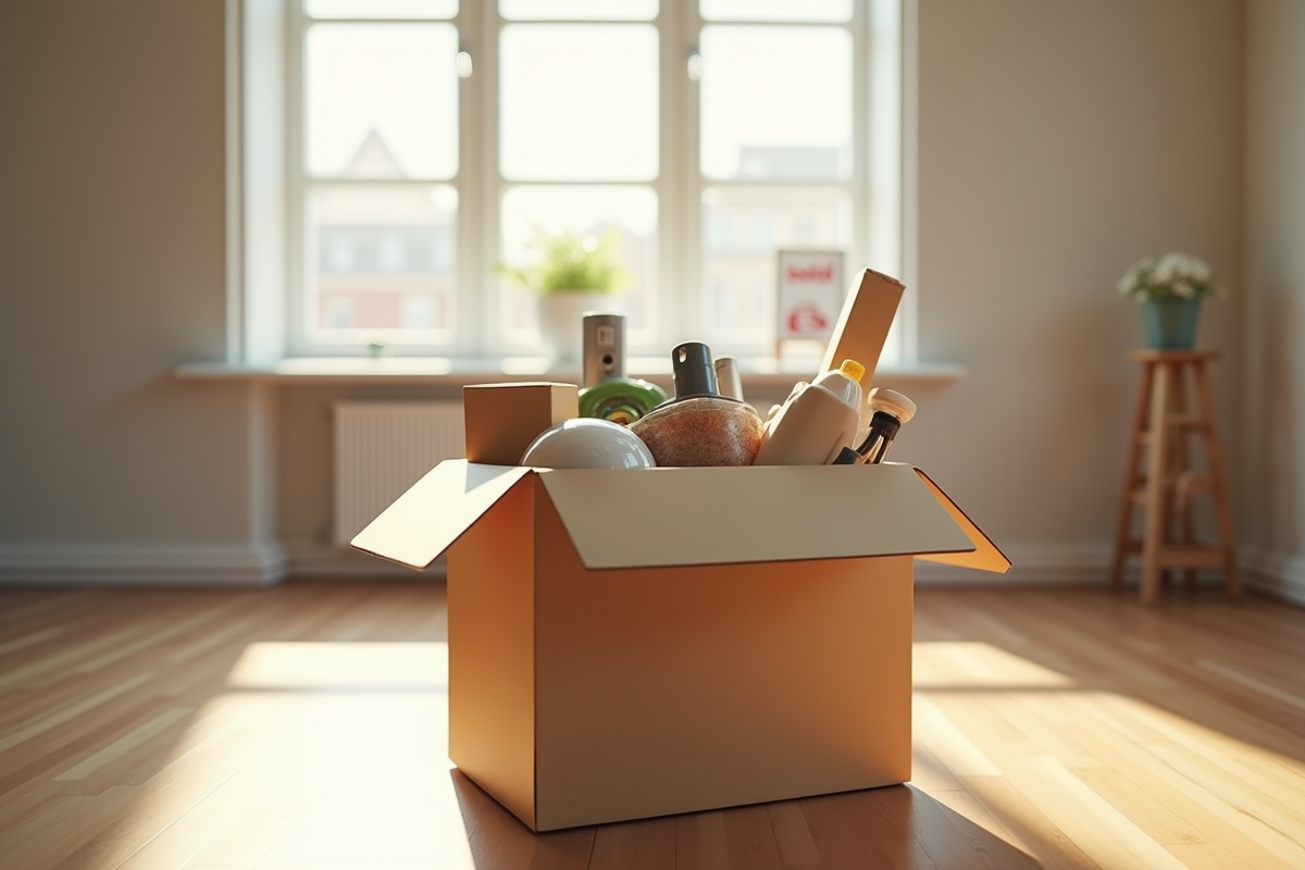 Boîte en carton avec objets de maison dans une pièce vide