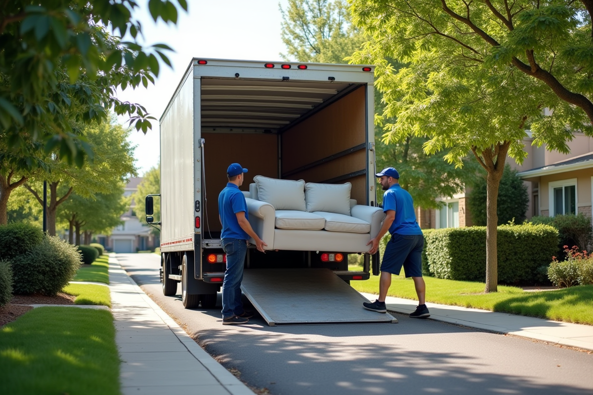 Déménageurs portant un canapé dans un camion ensoleillé