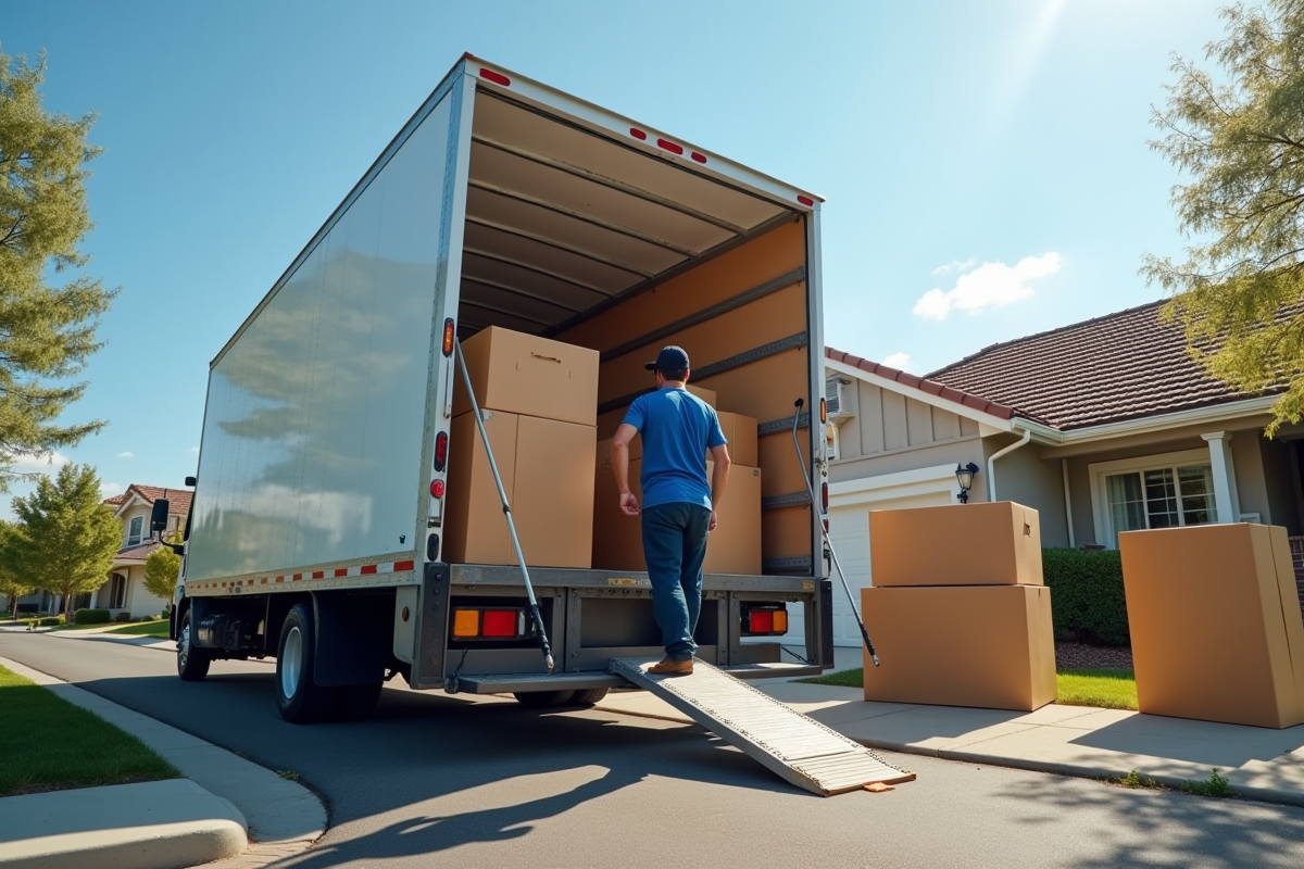 Demenageurs professionnels chargeant un camion de déménagement