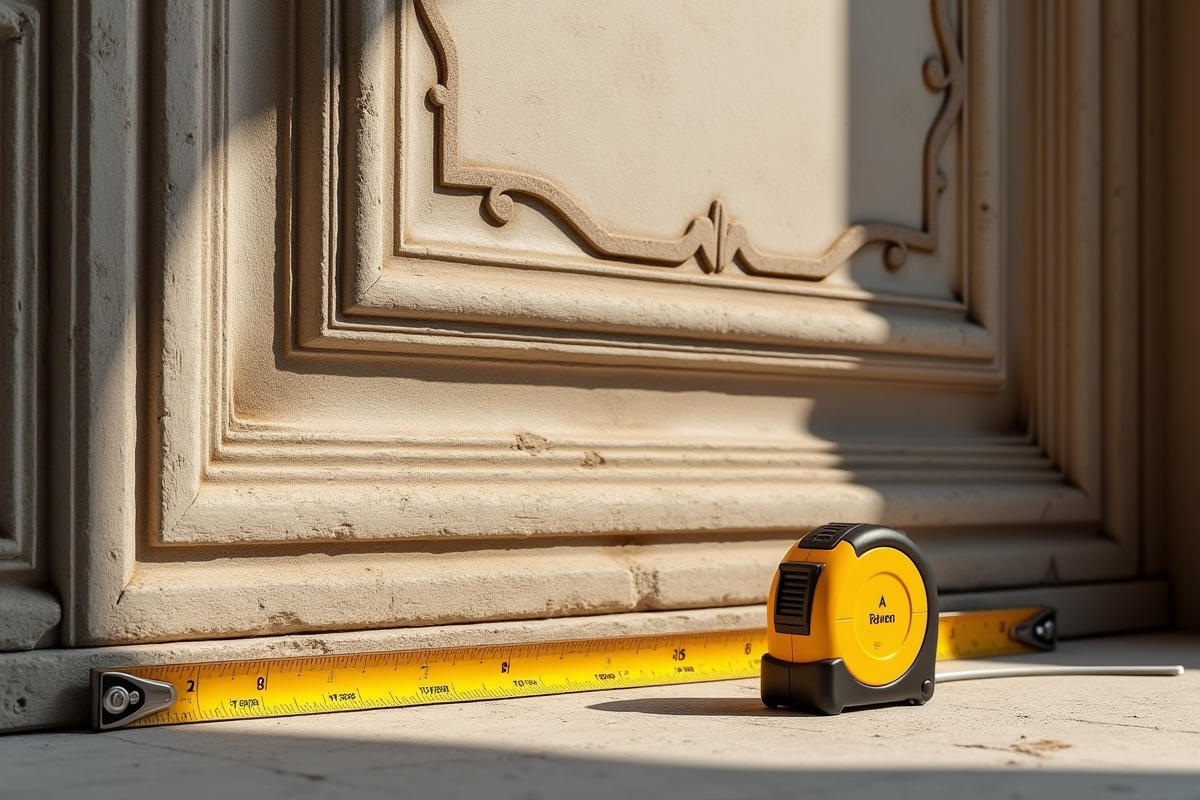 Détails de moulures anciennes et outils de rénovation modernes