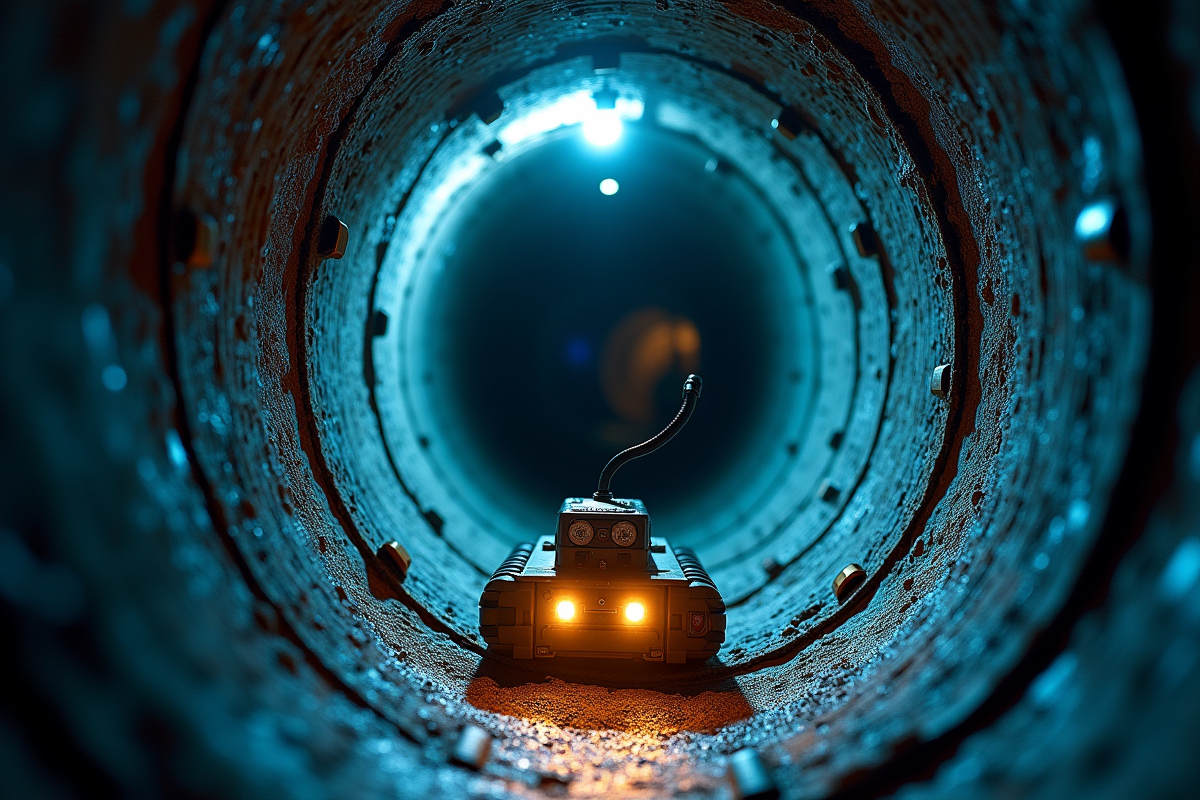 Vue d une canalisation urbaine avec robot d inspection lumineux