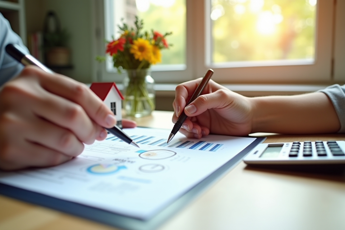 Main échangeant une signature sur un document de prêt immobilier avec une maison miniature