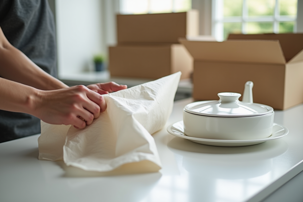 Main enveloppant de la vaisselle fragile dans la cuisine