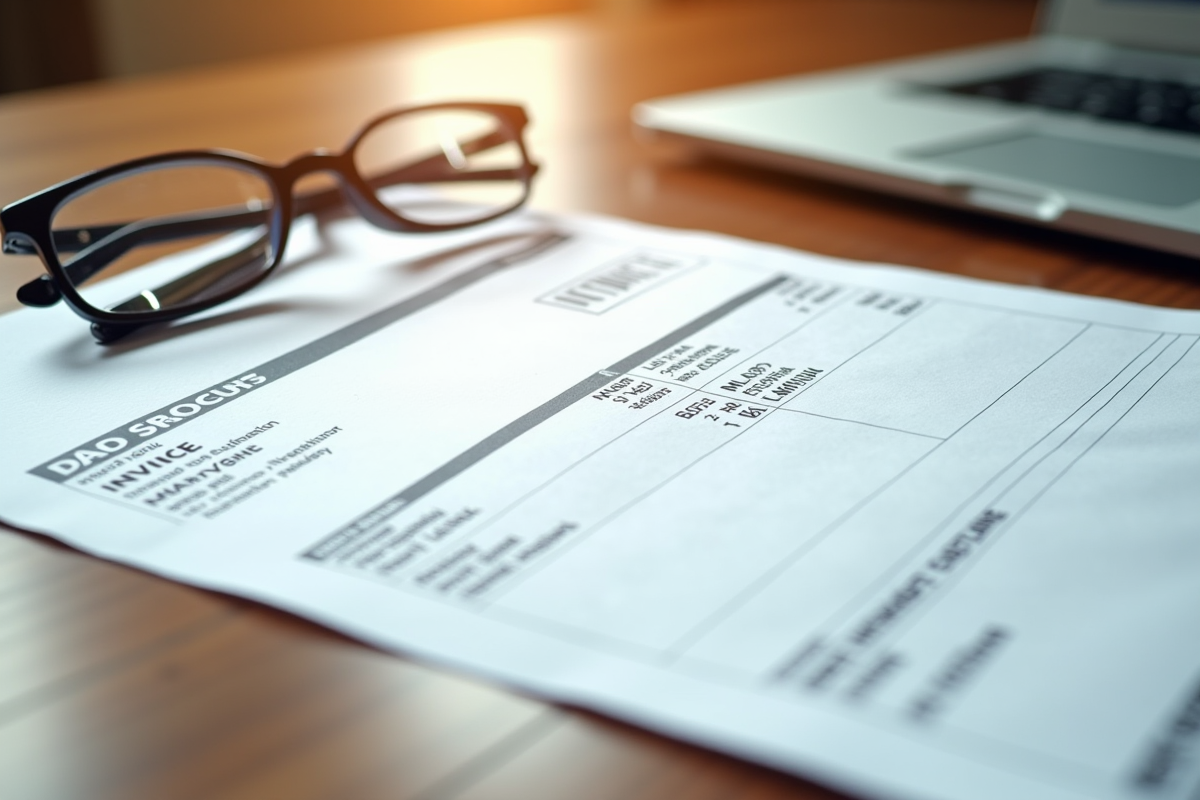 Facture tamponnee et cheque de remboursement sur une table en bois