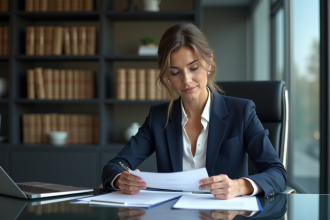 Femme d affaires en blazer navy examine des documents