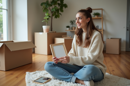 Jeune femme arrangeant une photo dans un salon en cours de d&eacute;m&eacute;nagement