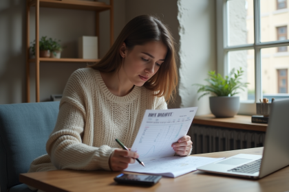 Jeune femme v&eacute;rifiant son budget mensuel &agrave; son bureau