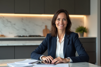 Femme en blazer navy et blouse blanche au bureau
