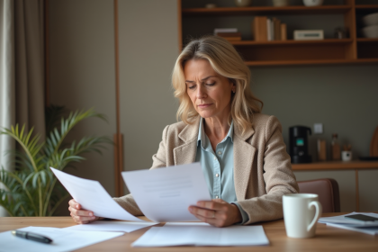 Femme concentrée examinant documents d'assurance maison