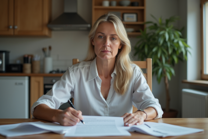 Femme d'&acirc;ge moyen examine un contrat de location dans une cuisine
