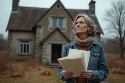 Femme avec documents devant maison abandonn&eacute;e