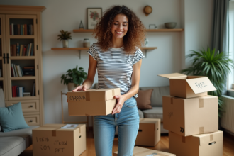 Jeune femme emballant des cartons dans un salon chaleureux