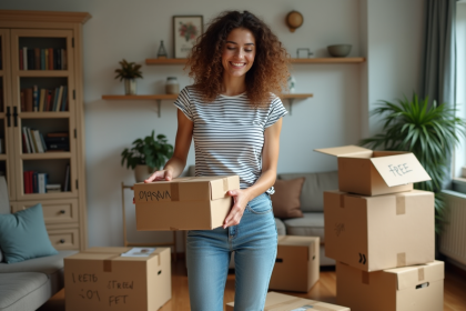 Jeune femme emballant des cartons dans un salon chaleureux