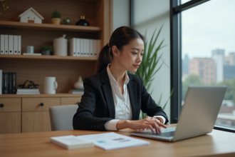 Femme professionnelle regardant des annonces immobilières