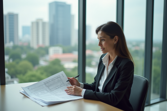 Femme confiante en bureau examinant des plans immobiliers