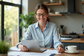 Femme d'âge moyen souriante avec documents dans une cuisine moderne