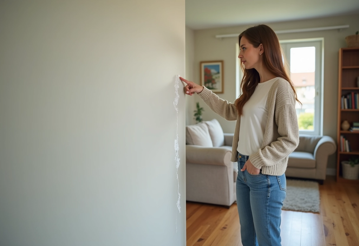 Jeune femme propriétaire pointant un défaut sur le mur intérieur