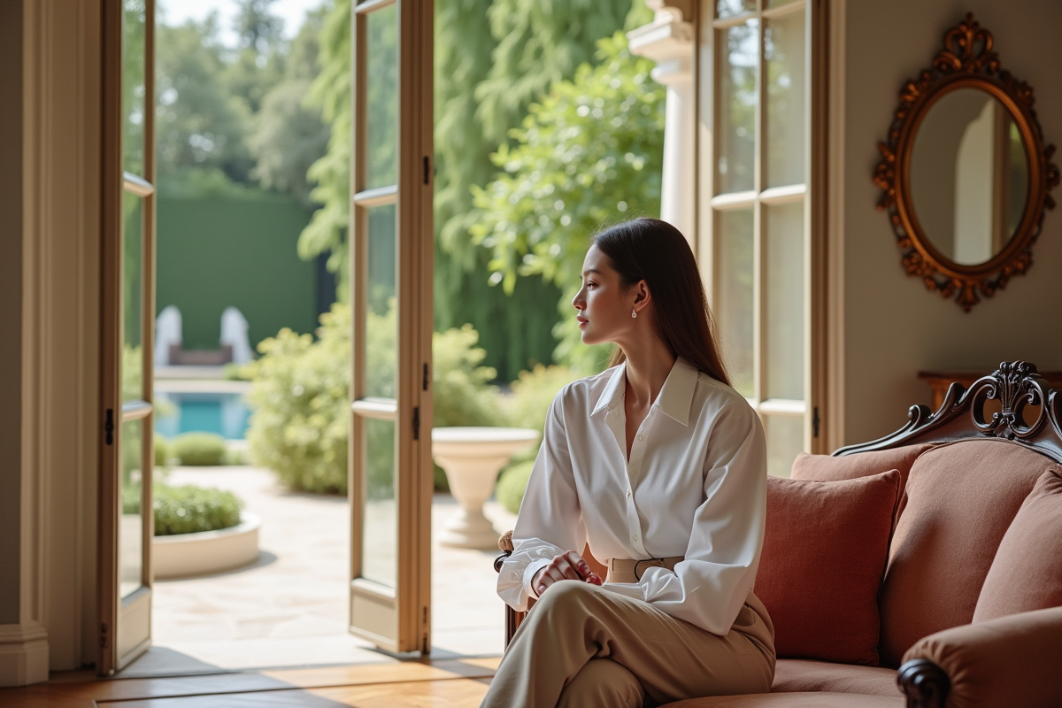 Femme élégante dans un salon lumineux avec mobilier chic