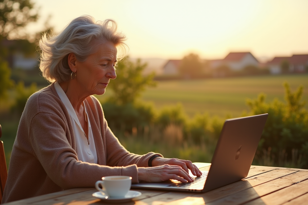 Femme travaillant sur son ordinateur sur la terrasse en matinée