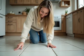 Femme vérifiant un carrelage de cuisine avec douceur