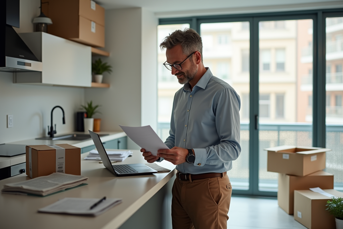 Homme mettant à jour son adresse sur un ordinateur dans la cuisine