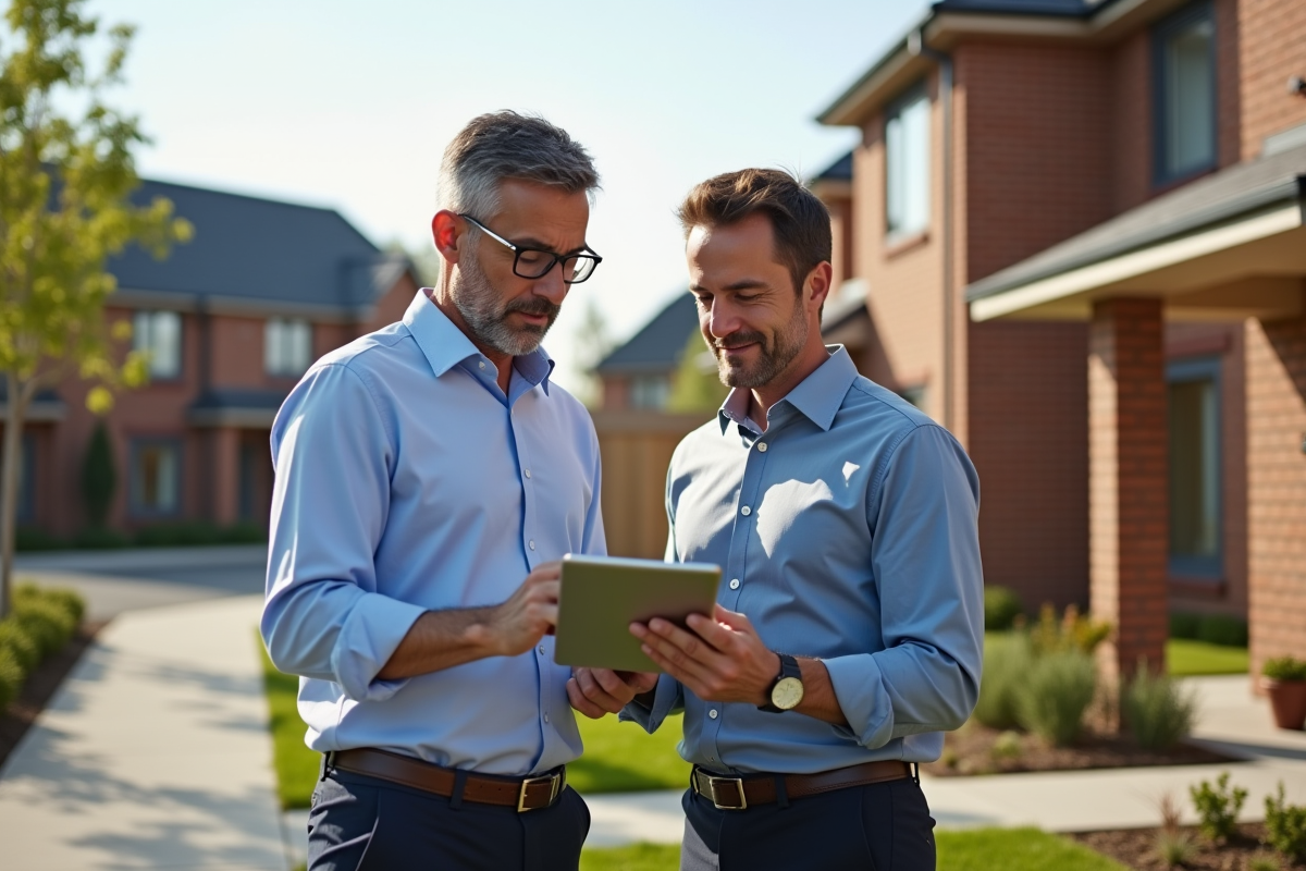 Homme et agent immobilier regardant une tablette devant une maison neuve