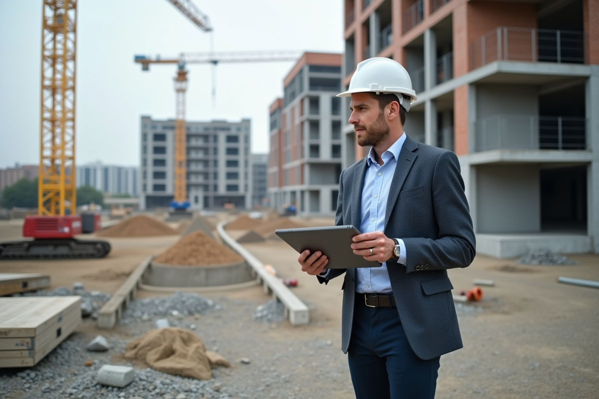 Homme inspectant un chantier immobilier avec tablette
