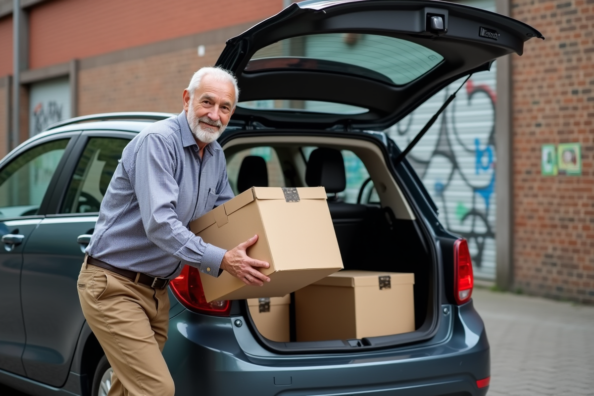 Homme âgé chargeant des cartons dans une voiture en ville