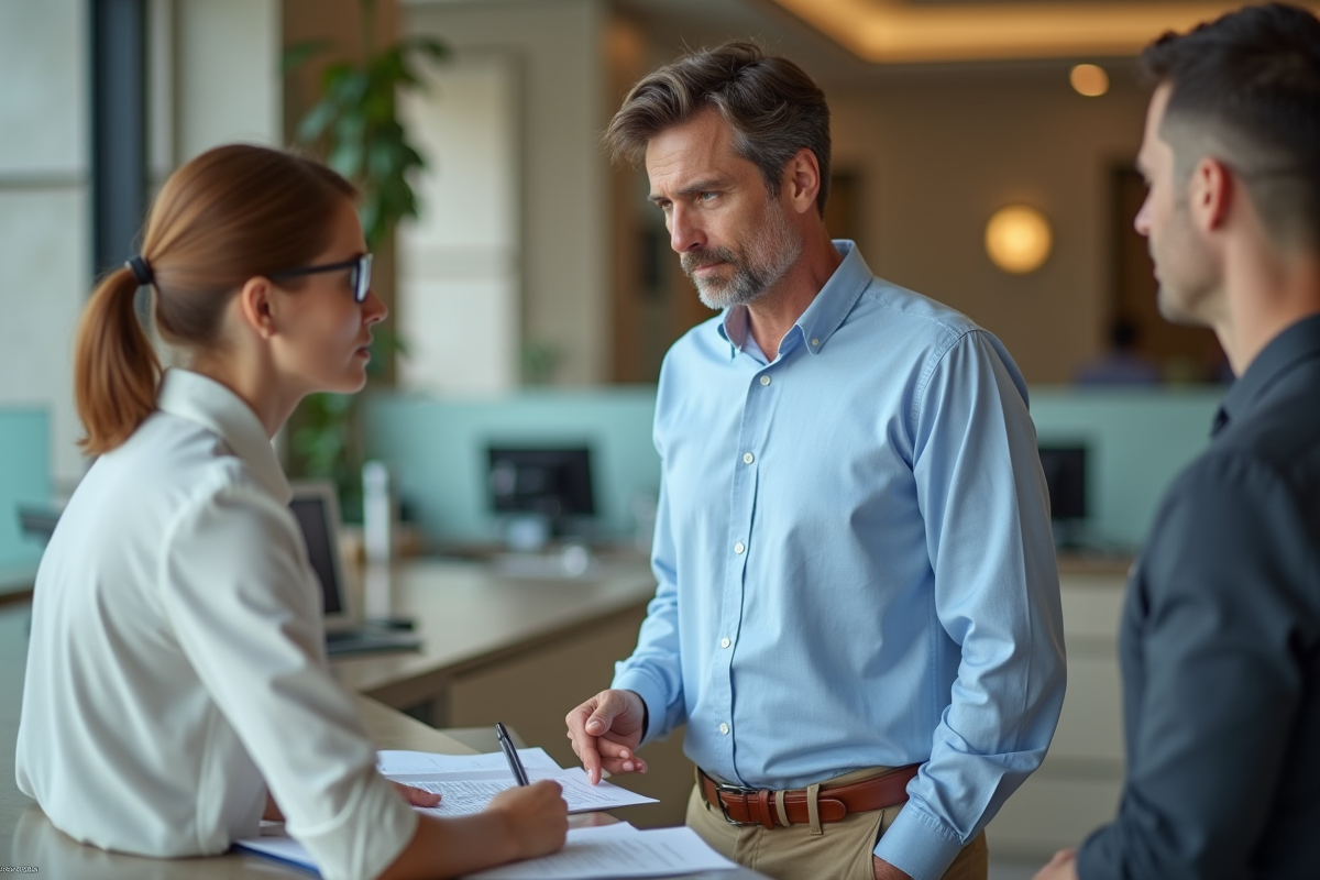 Homme en chemise bleue discutant avec conseiller bancaire
