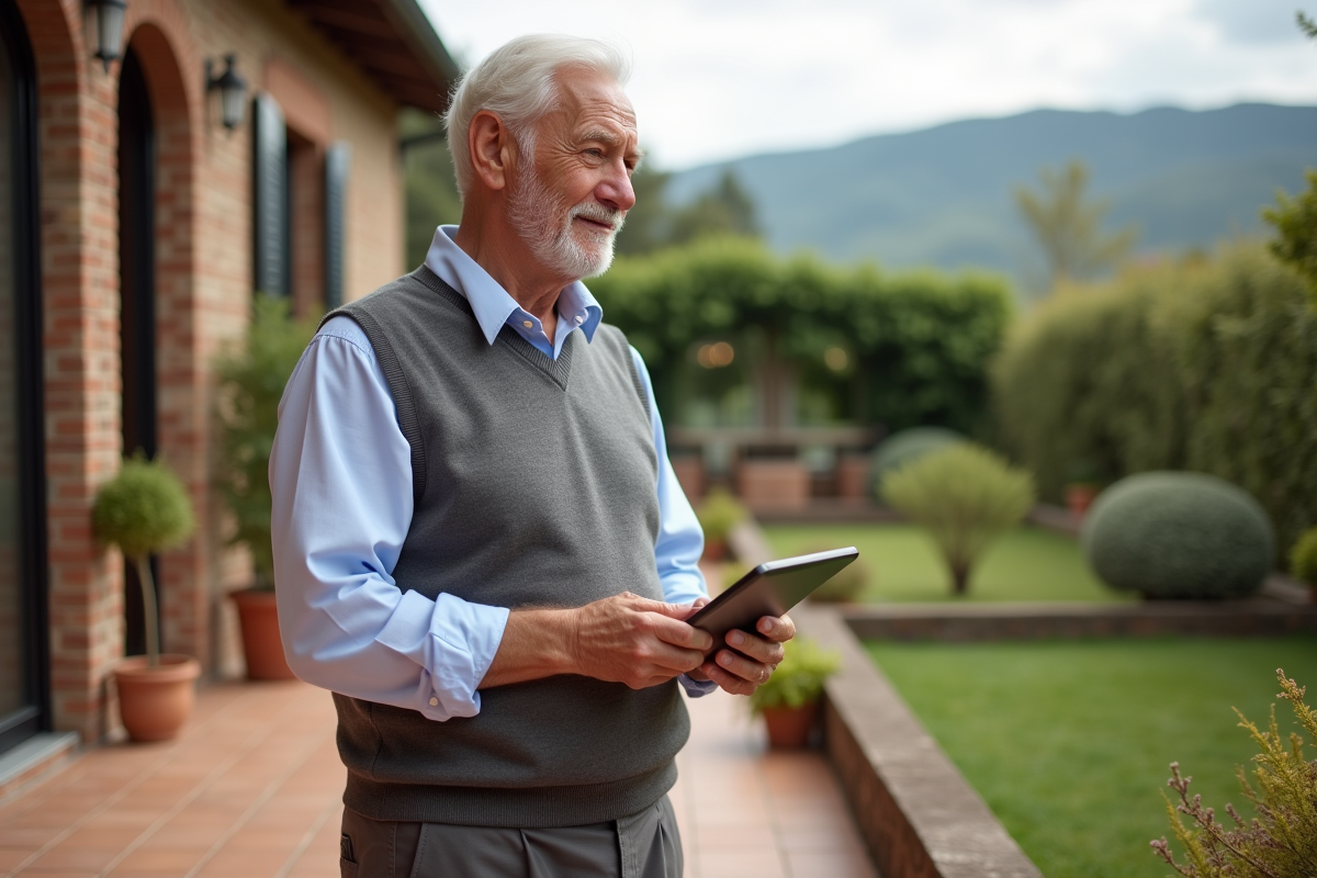 Homme âgé regardant une tablette dans un jardin paisible