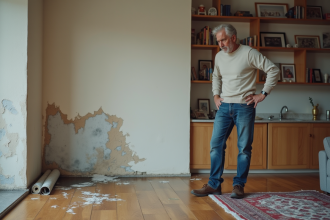 Homme d'âge moyen inspectant des dégâts d'eau sur un mur
