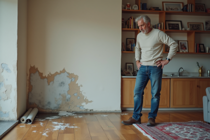 Homme d'âge moyen inspectant des dégâts d'eau sur un mur