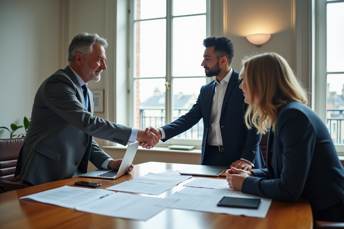Homme en costume gris serre la main d un professionnel