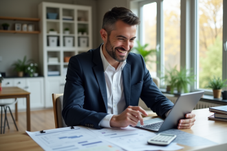 Homme souriant en blazer blanc dans un bureau moderne