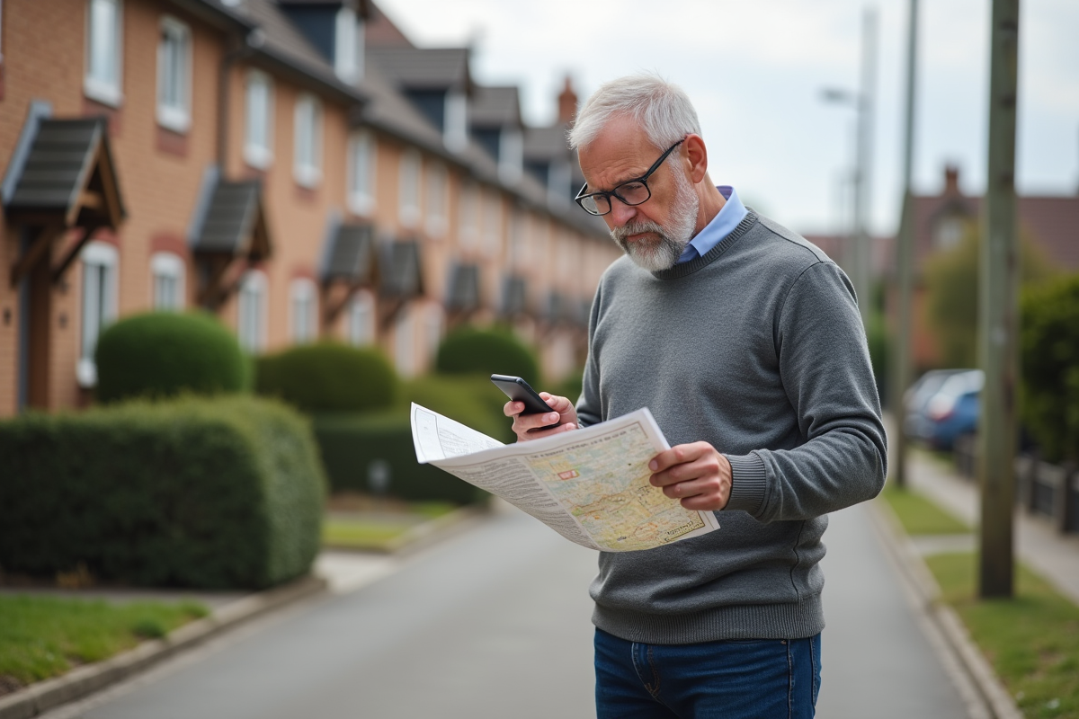 Homme comparant des détails immobiliers dans la rue