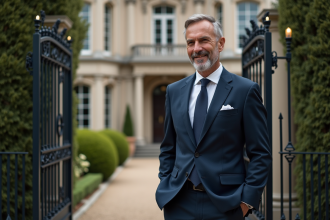 Homme en costume devant une grande demeure Belle Époque